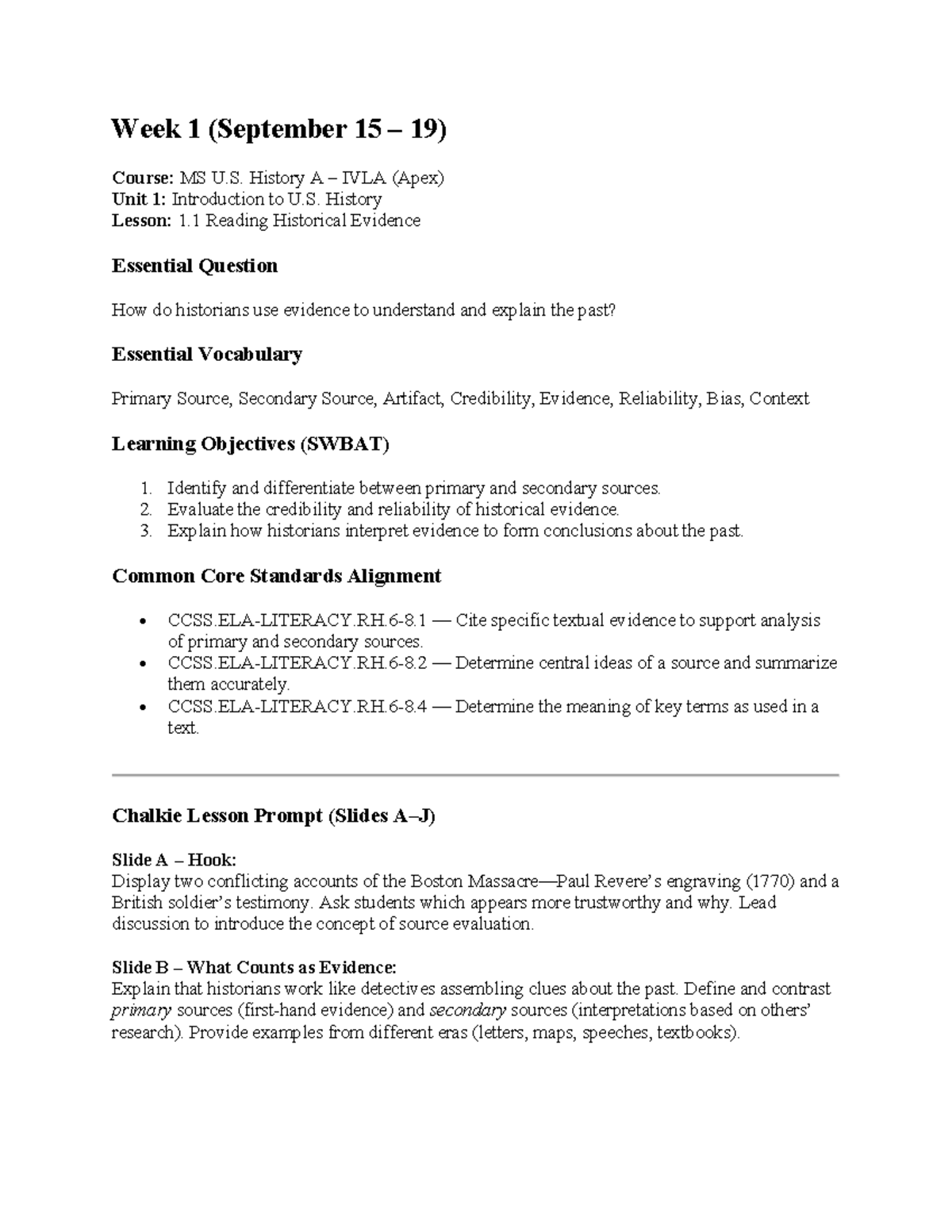 MS U.S. History A IVLA (Apex) Unit 1: Understanding Historical Evidence ...