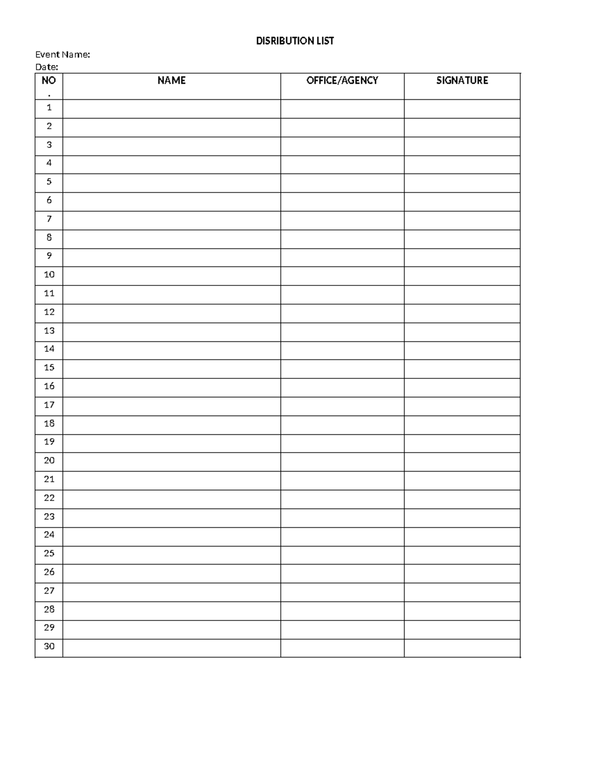 Distribution List - accountancy - DISRIBUTION LIST Event Name: Date: NO ...