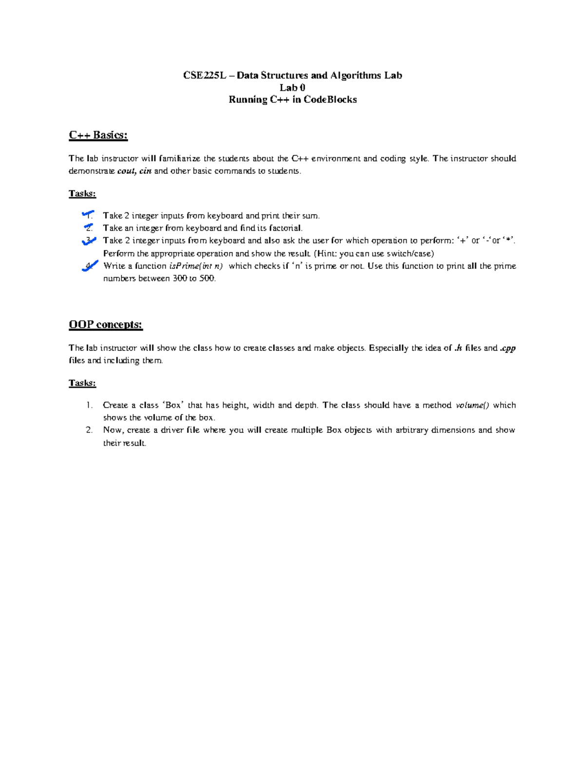 CSE225L Lab 0: Intro to C++ in CodeBlocks and Basic Tasks - Studocu