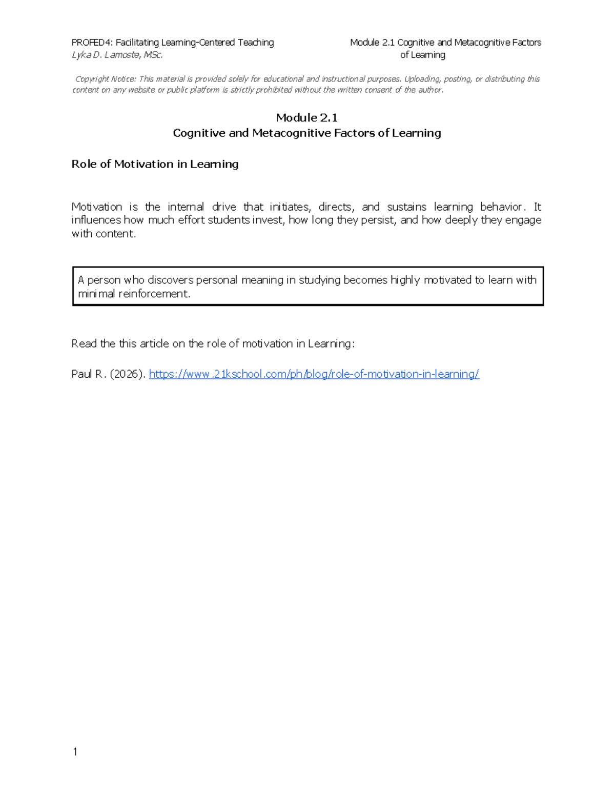 PROFED4: Module 2.1 - Cognitive & Metacognitive Factors in Learning ...