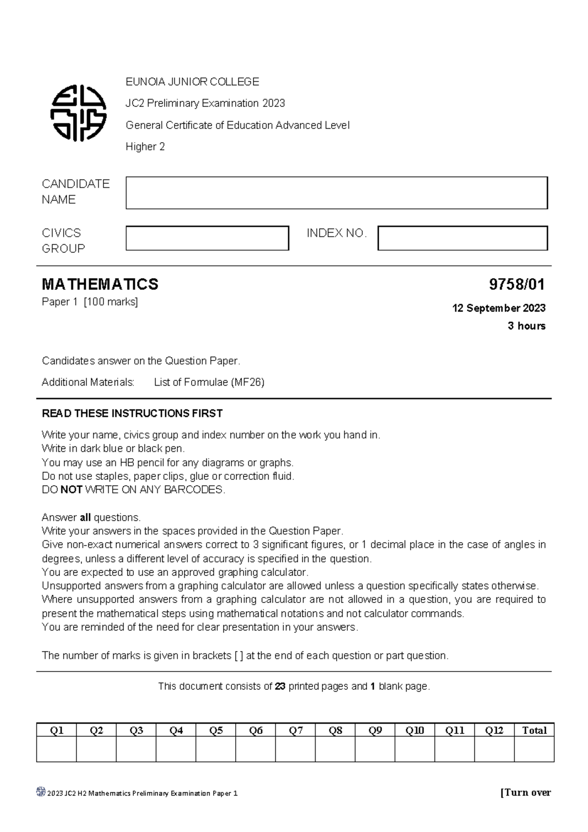 2023 JC2 H2 Mathematics Preliminary Examination Paper 1 & 2 Solutions ...