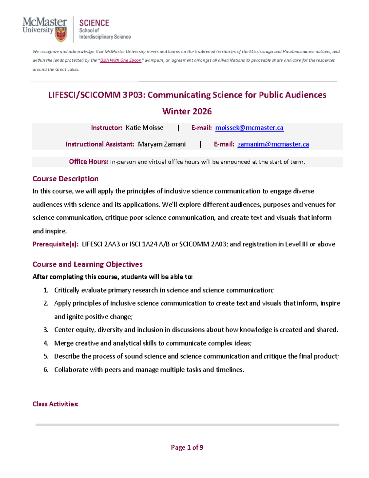 Lifesci 3P03: Inclusive Science Communication Course Overview Winter ...