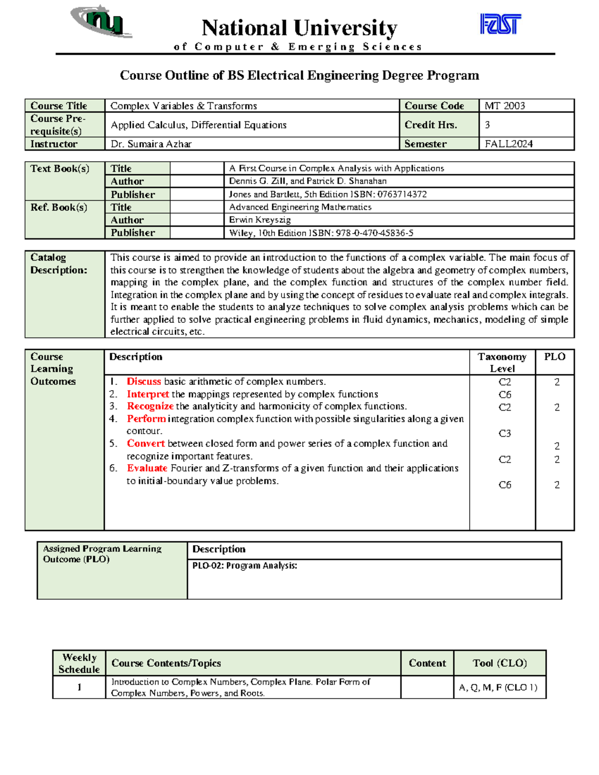 Course Outline MT 2003: Complex Variables & Transforms - Fall 2024 ...