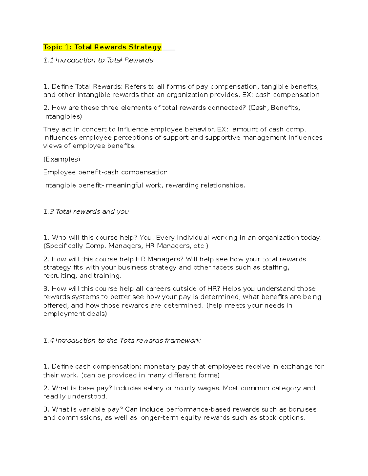 Study guide 1 - Topic 1: Total Rewards Strategy 1 Introduction to Total ...