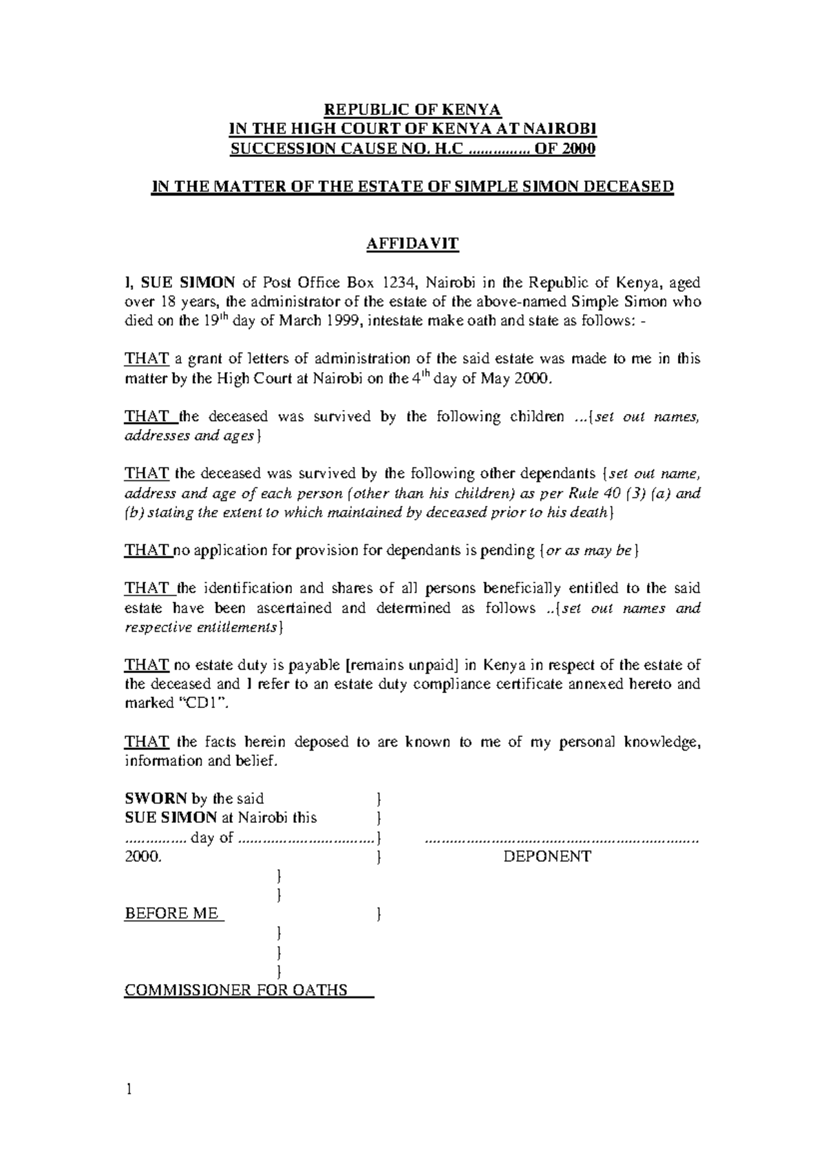 Affidavit for Grant of Administration in Succession Case H.C. 2000 ...