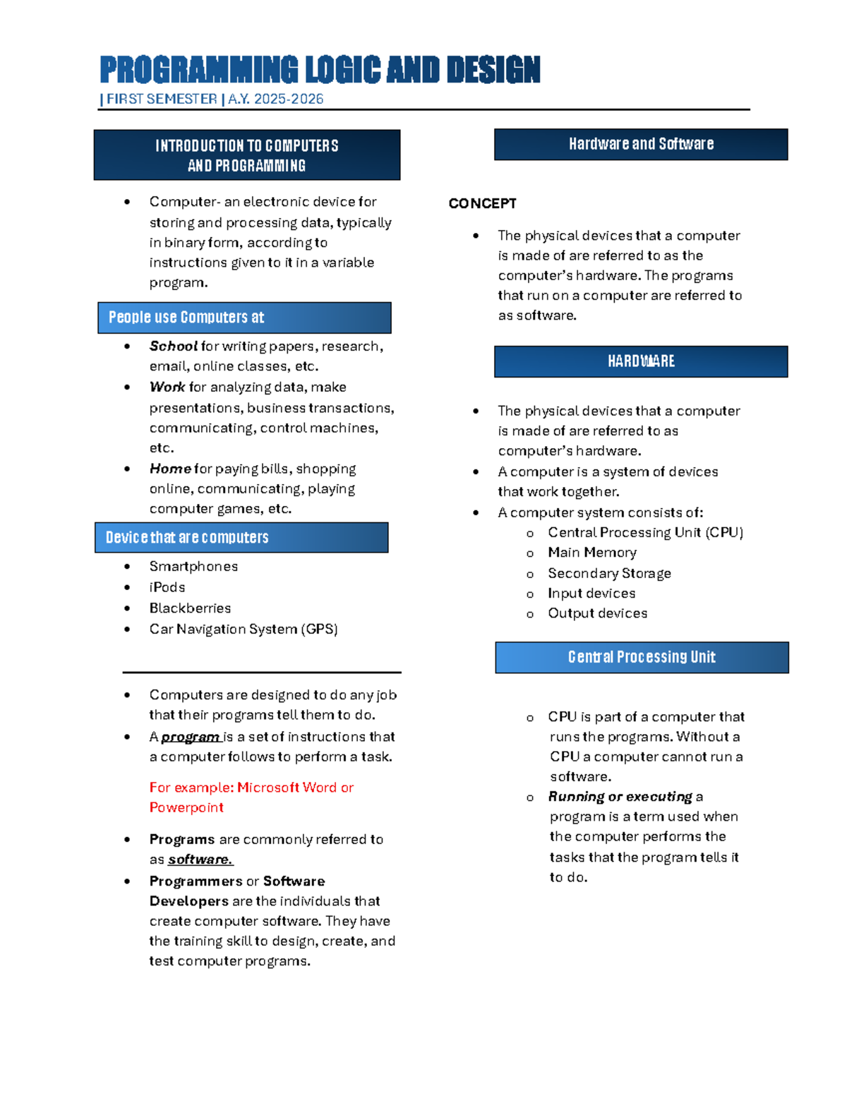 Programming Logic and Design (PLD) Chapter 1 & 2 Notes - Studocu