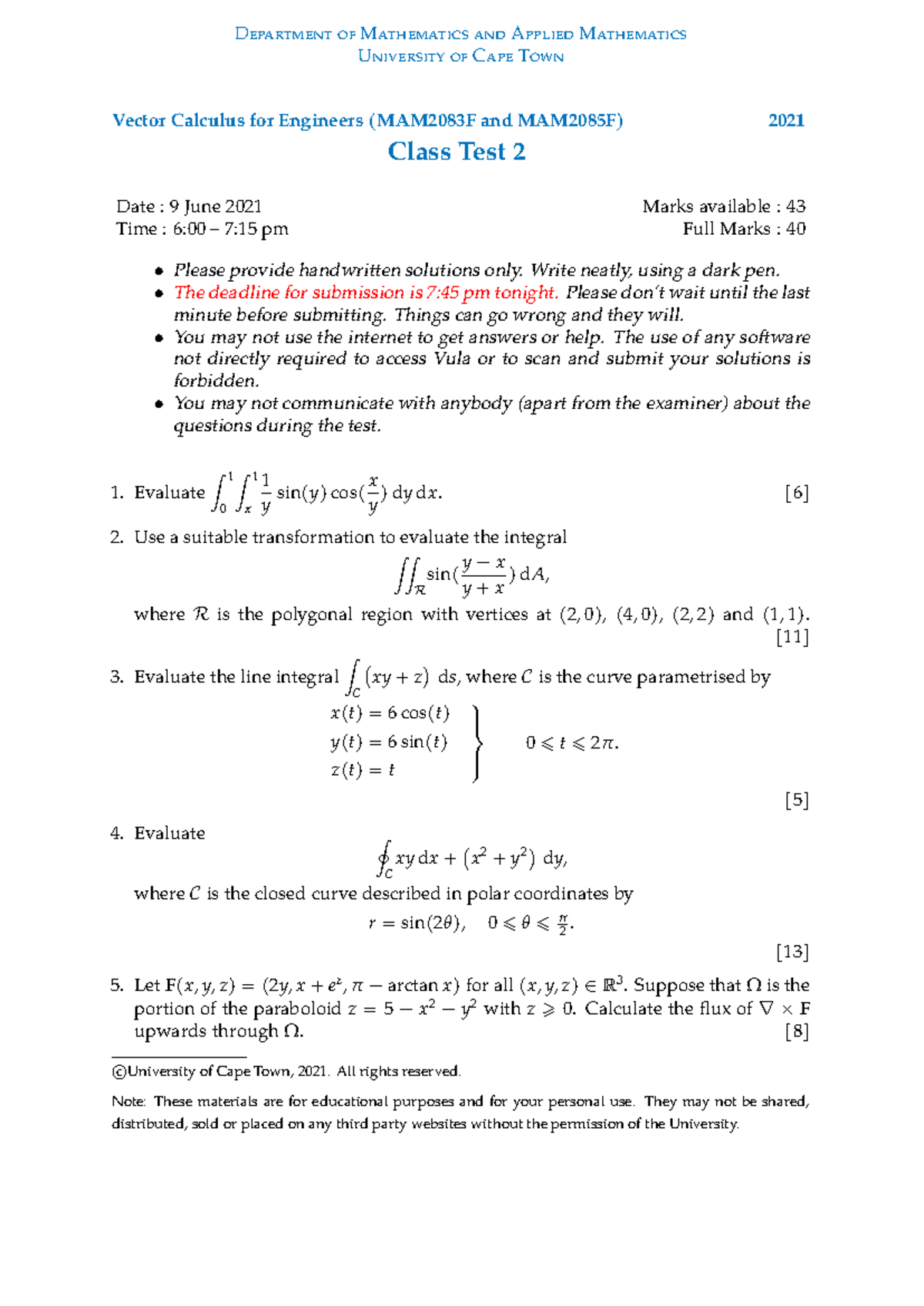 MAM2083F Vector Calculus Class Test 2 Solutions, June 2021 - Studocu