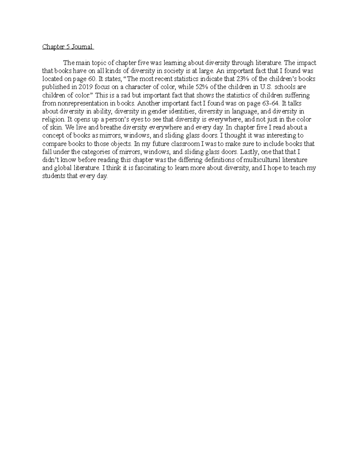 Children's Literature- Chapter 5 Journal - Chapter 5 Journal The main ...