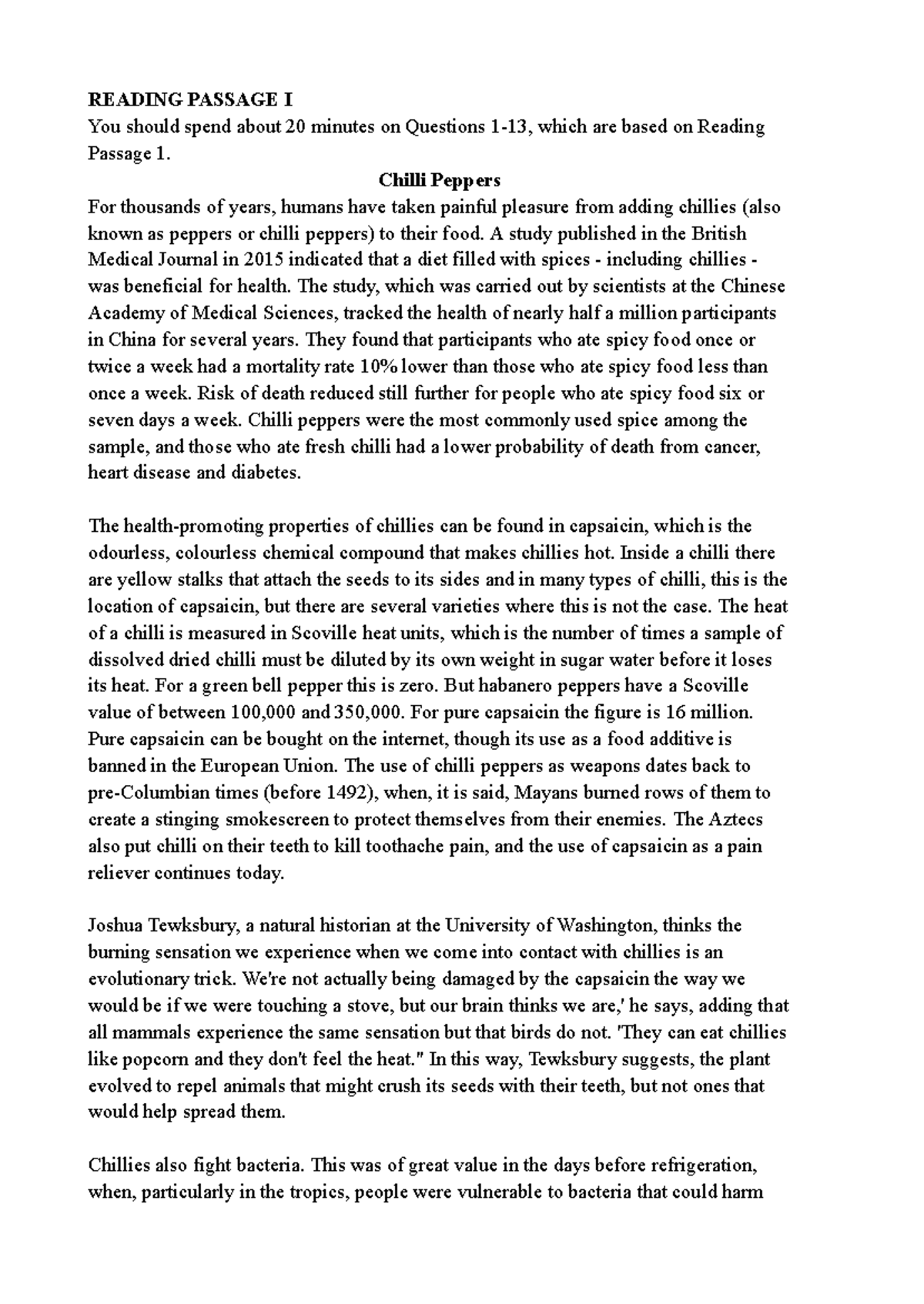Chilli Peppers and Their Health Benefits: Reading Passage I Analysis ...