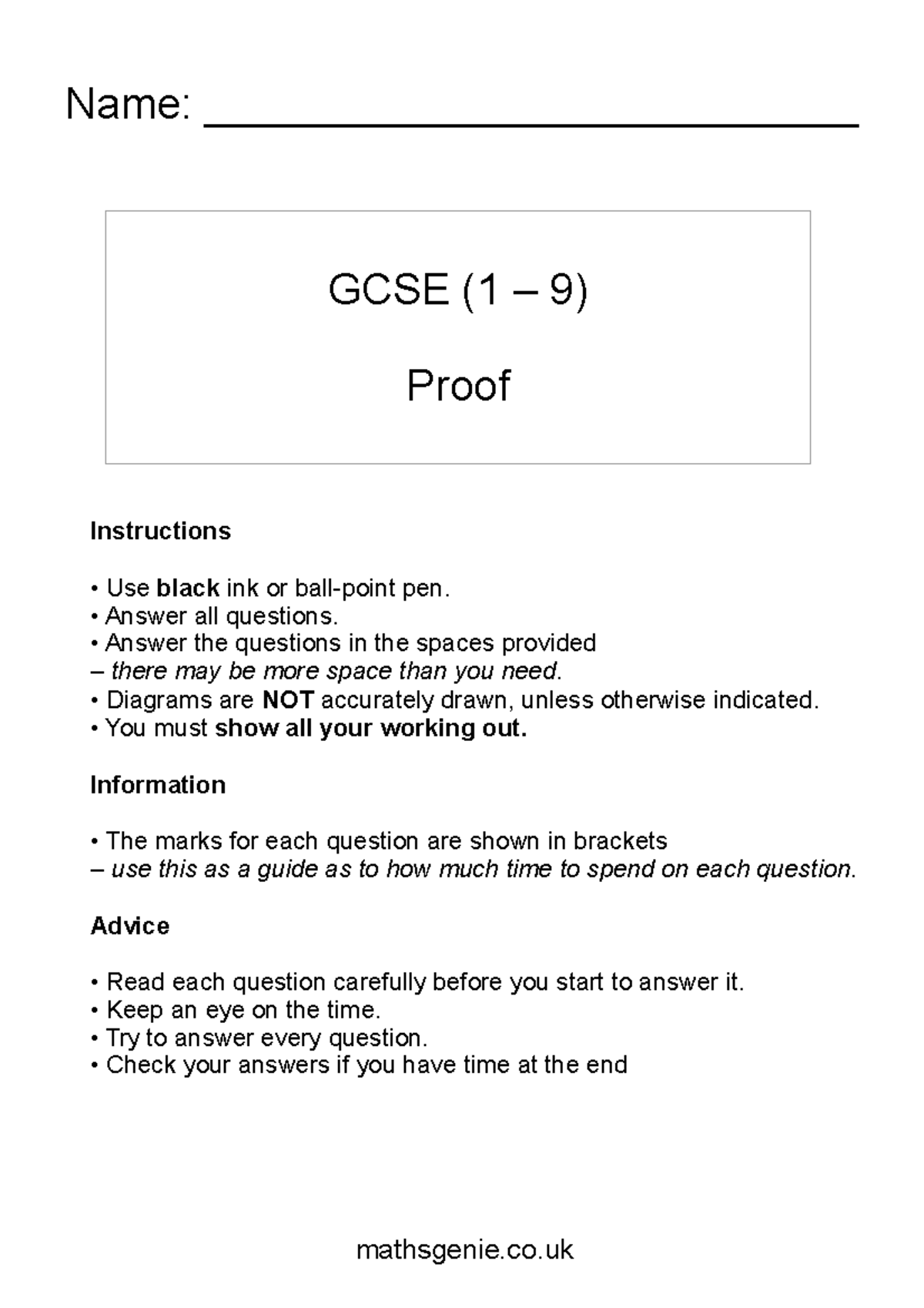 9-proof - practice work sheet on proofas - GCSE (1 – 9) Proof Name