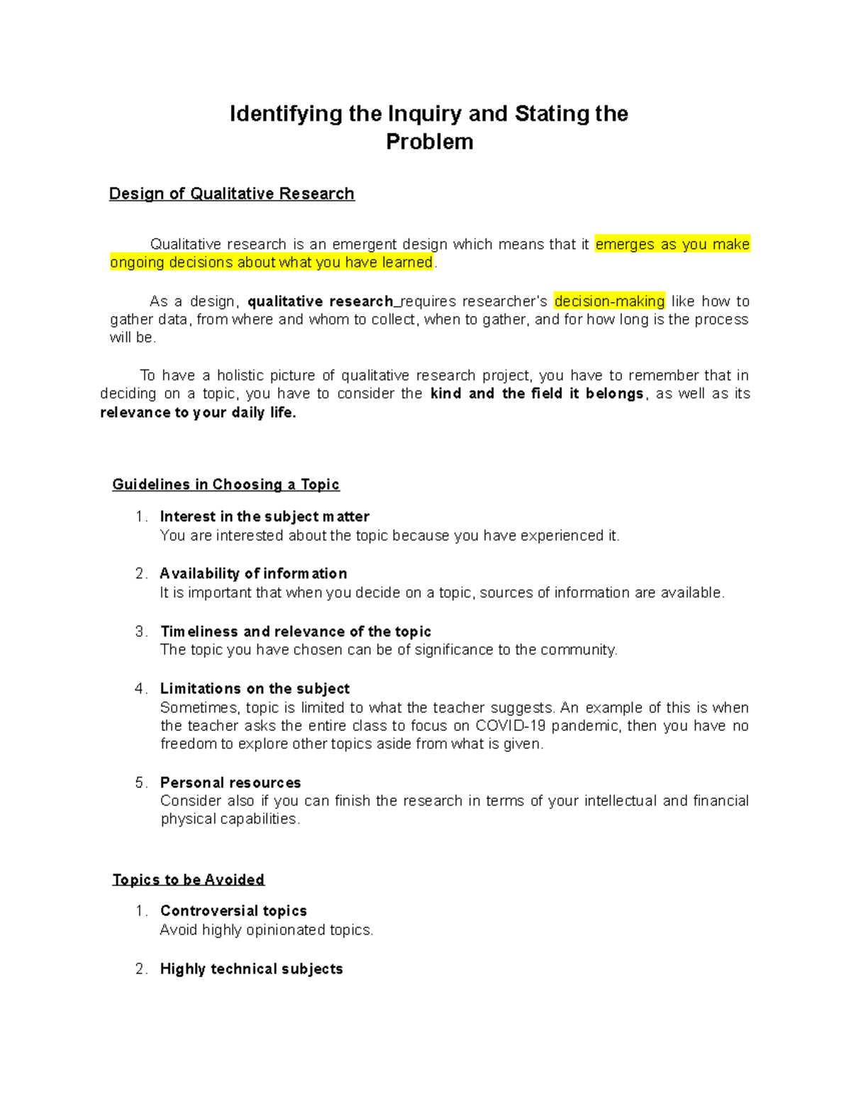 Notes on Identifying the Inquiry and Stating the Problem: RRL Guide ...
