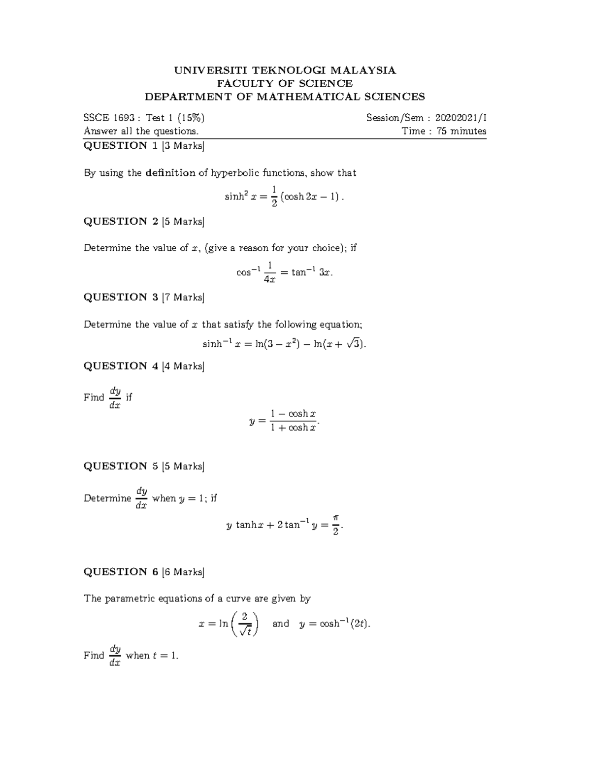 SSCE 1693 Test 1 Sample for Sem 1 2020/2021 - Studocu