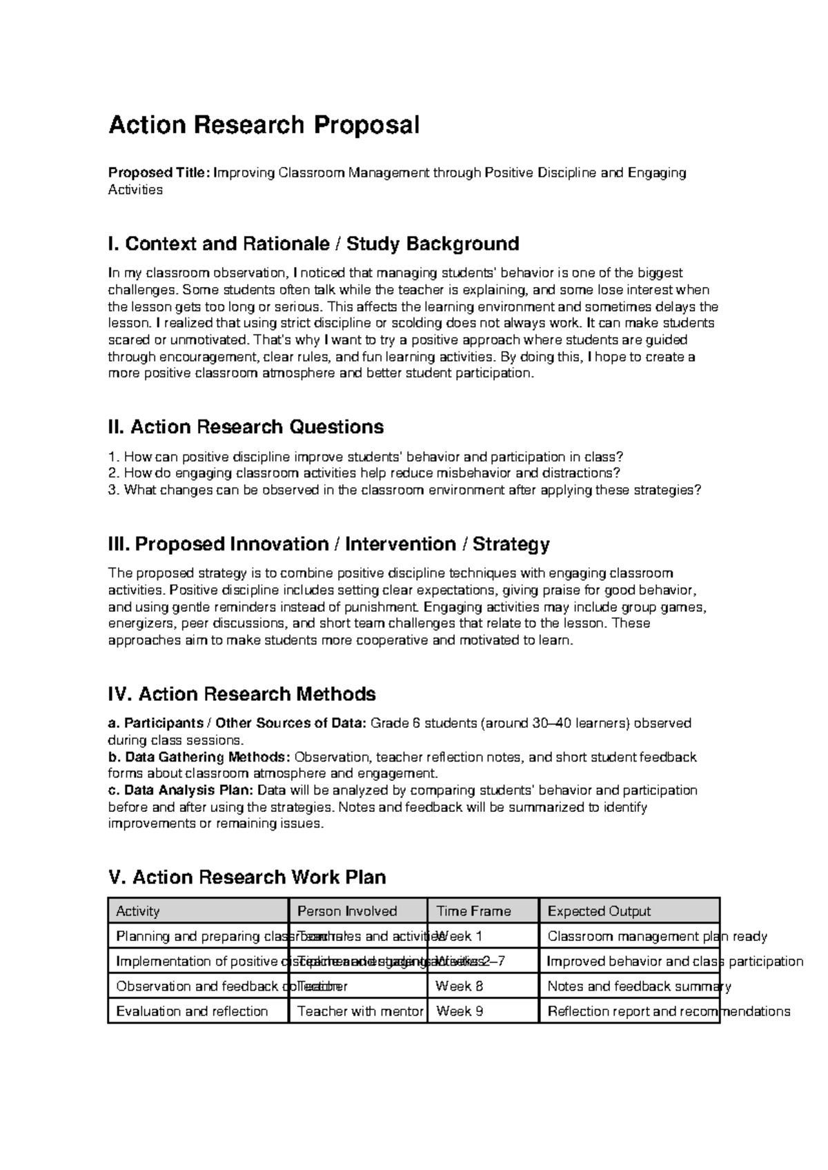 Action Research Proposal: Enhancing Classroom Management in Grade 6 ...