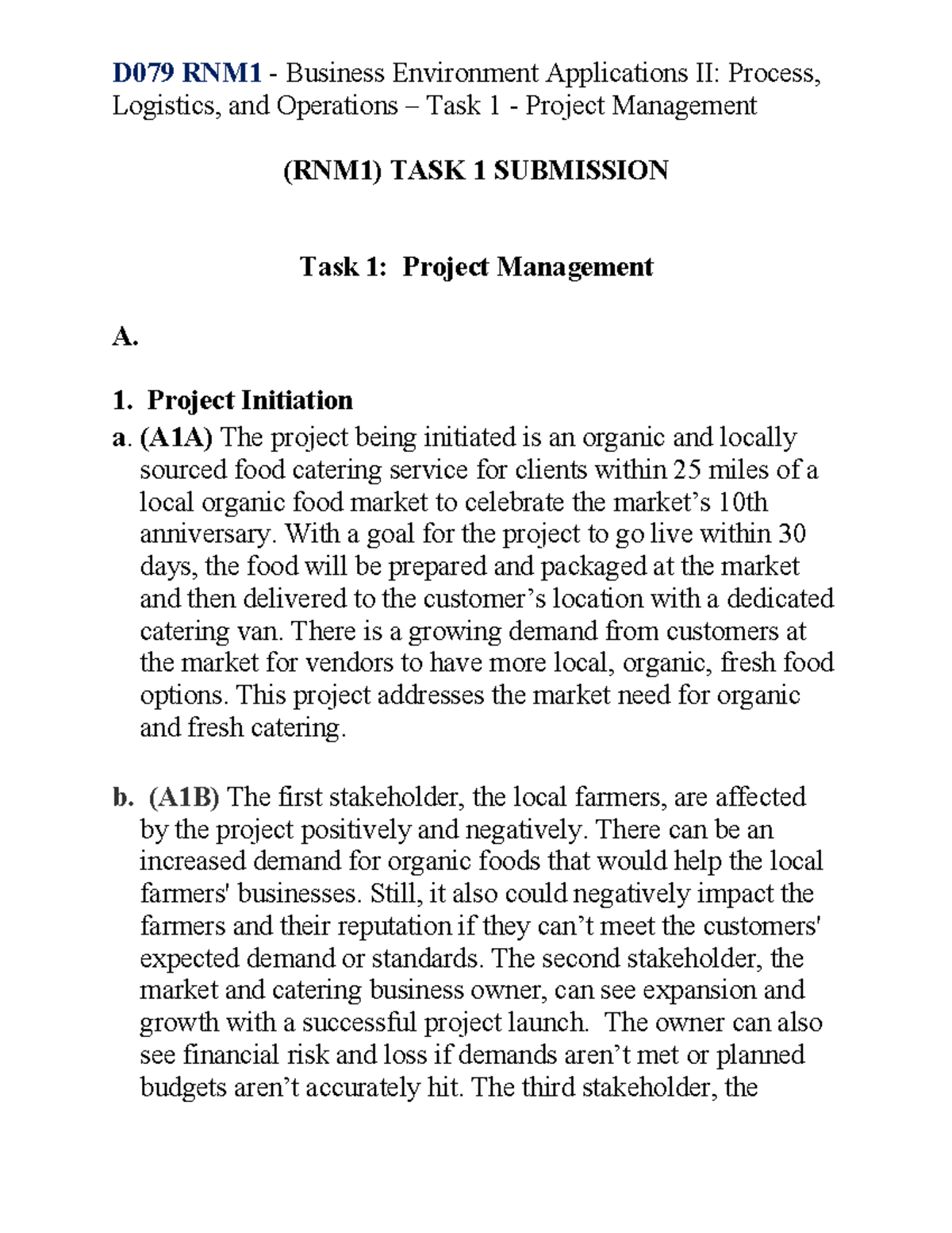 D079 RNM1 Business Environment Applications II: Project Management Task ...