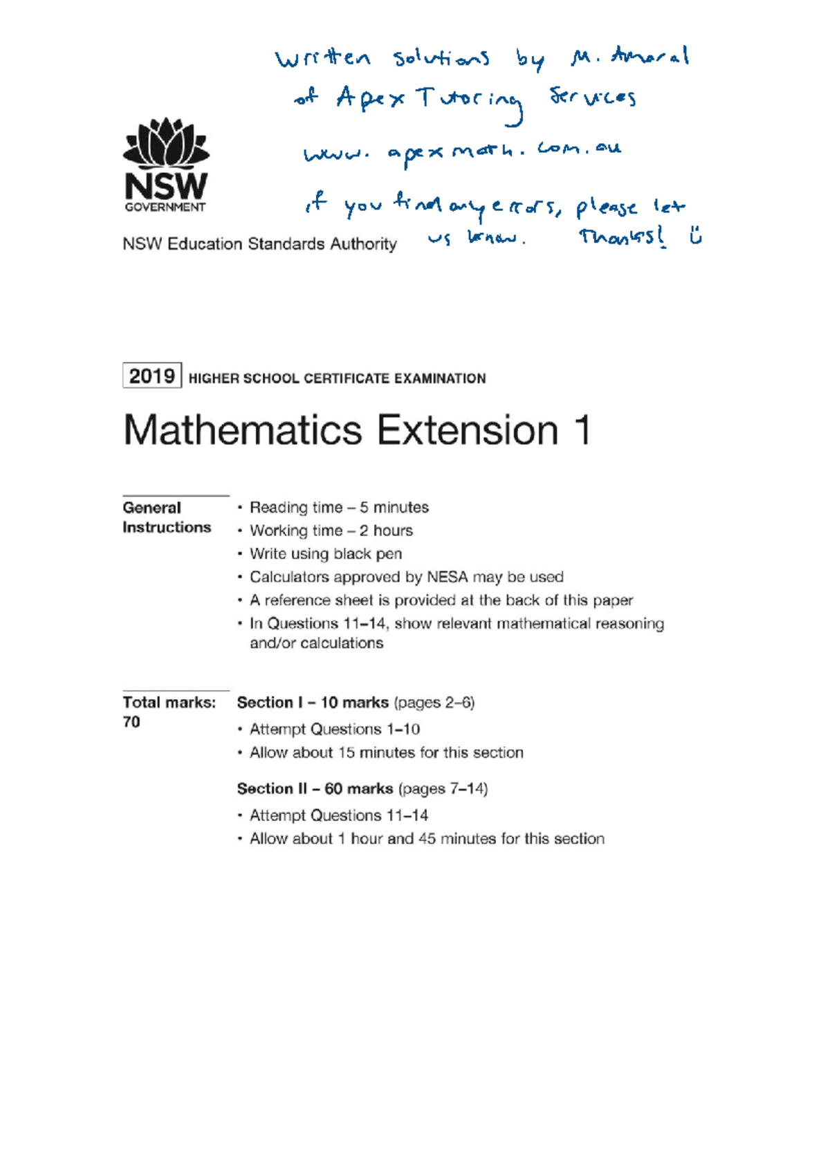 2019 HSC Mathematics Extension 1 Exam Solutions - Studocu