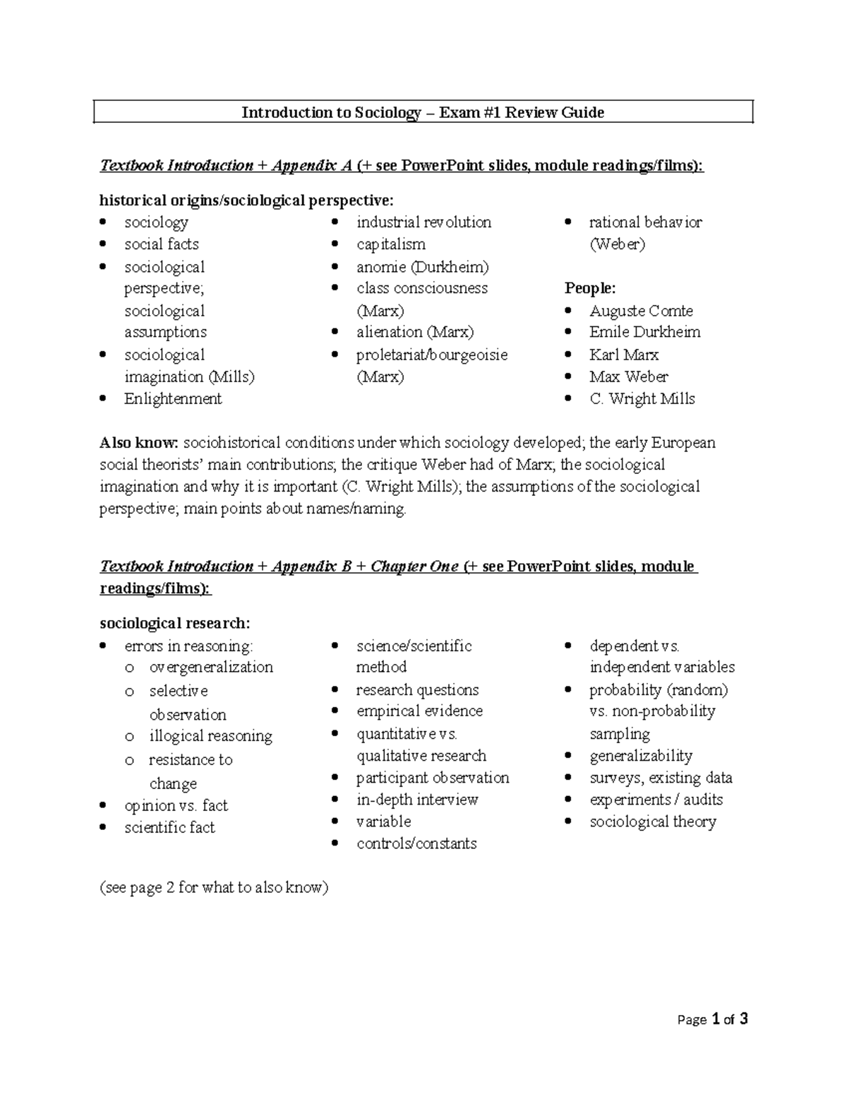 Introduction to Sociology - Exam #1 Review Guide (SOC 101) - Studocu