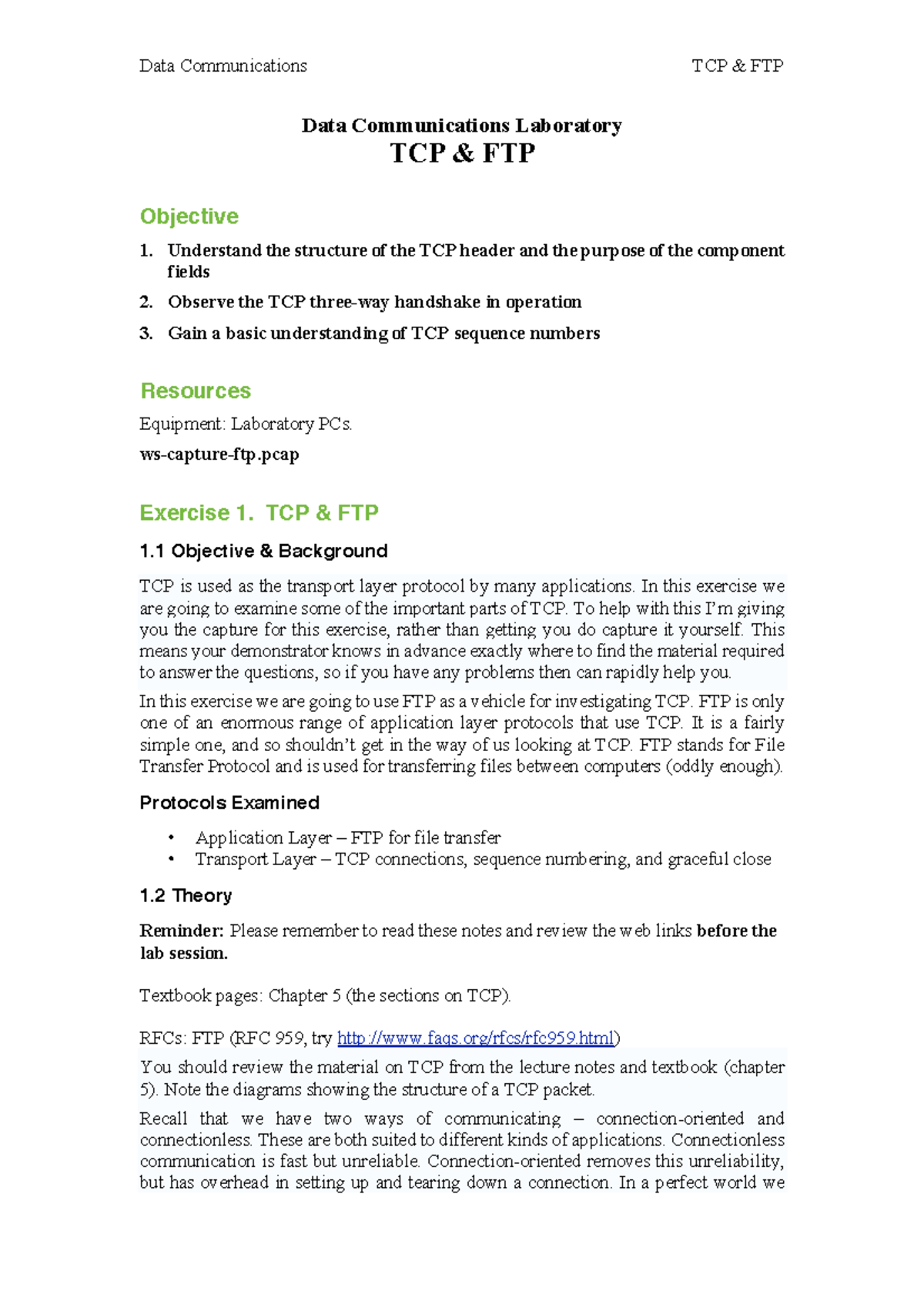Practical Exercise: TCP & FTP in Data Comm Lab - Transport Layer - Studocu