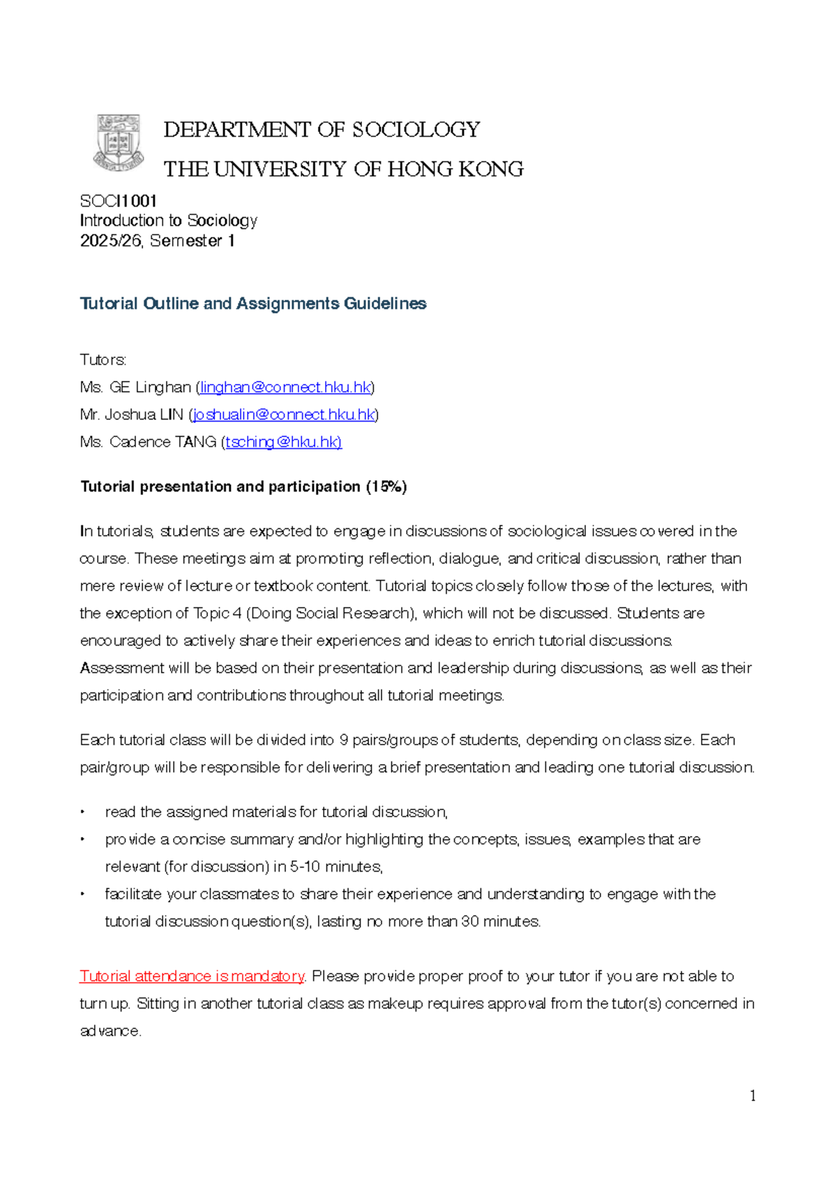 SOCI1001 Tutorial Outline and Assignments for Semester 1 2025-26 - Studocu