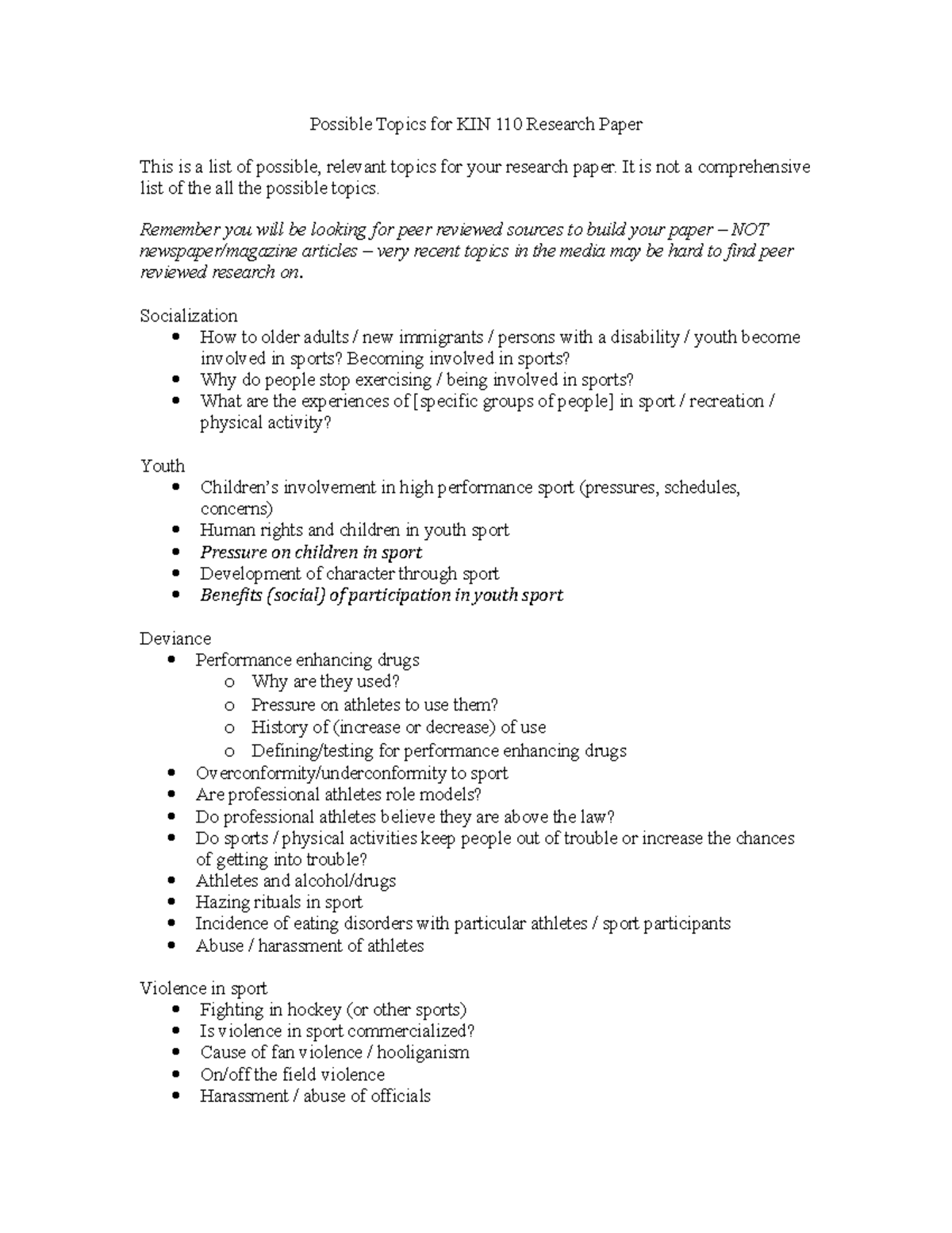 KIN 110 - Topic Ideas for Research Paper - Possible Topics for KIN 110 ...