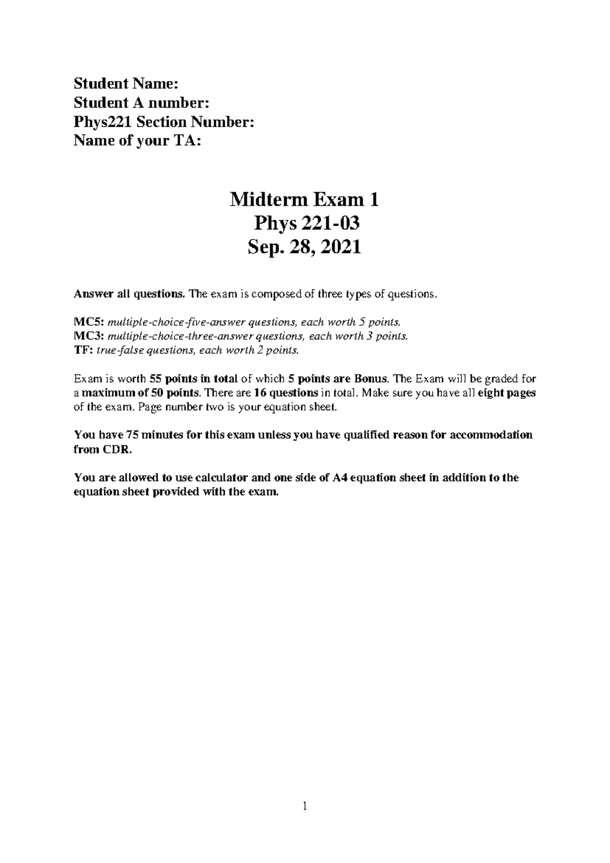 Mishra Phys221 Midterm 1 Fall 2021 Comprehensive Answer Key - Studocu