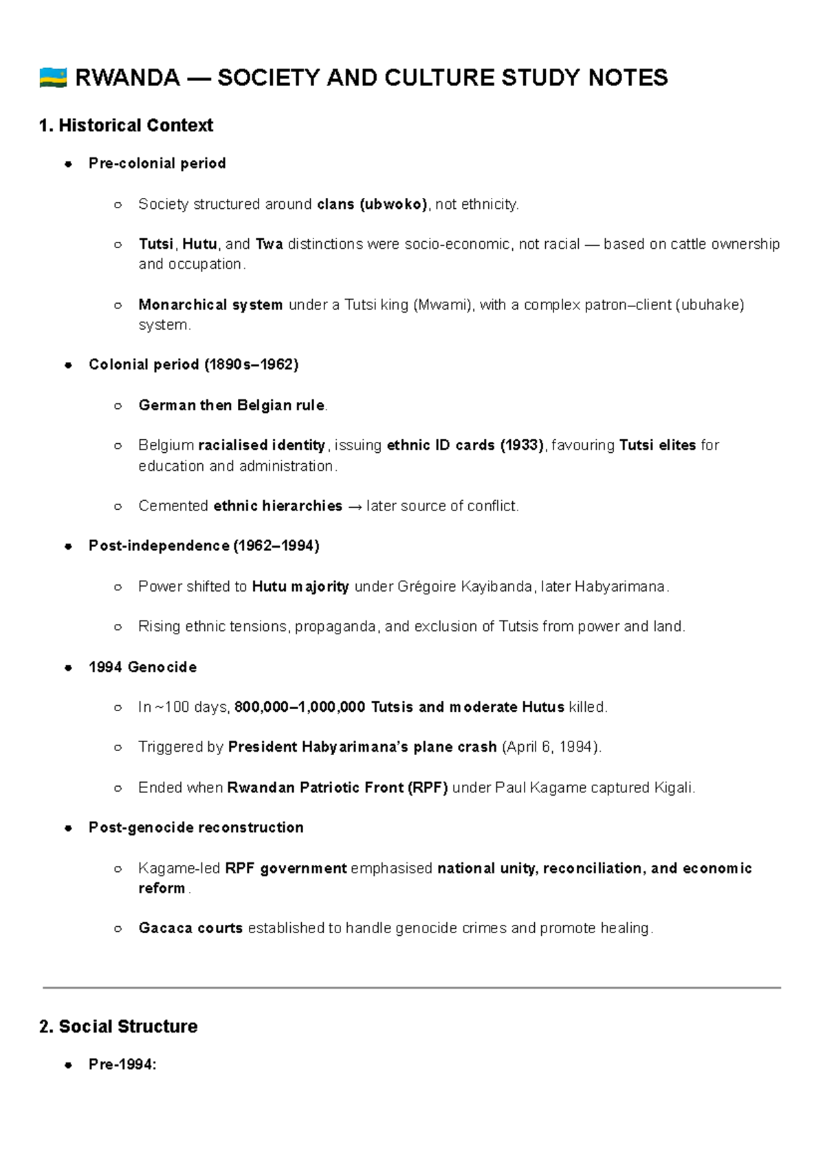 RWANDA SOCIETY & CULTURE STUDY NOTES: Historical Context & Social ...