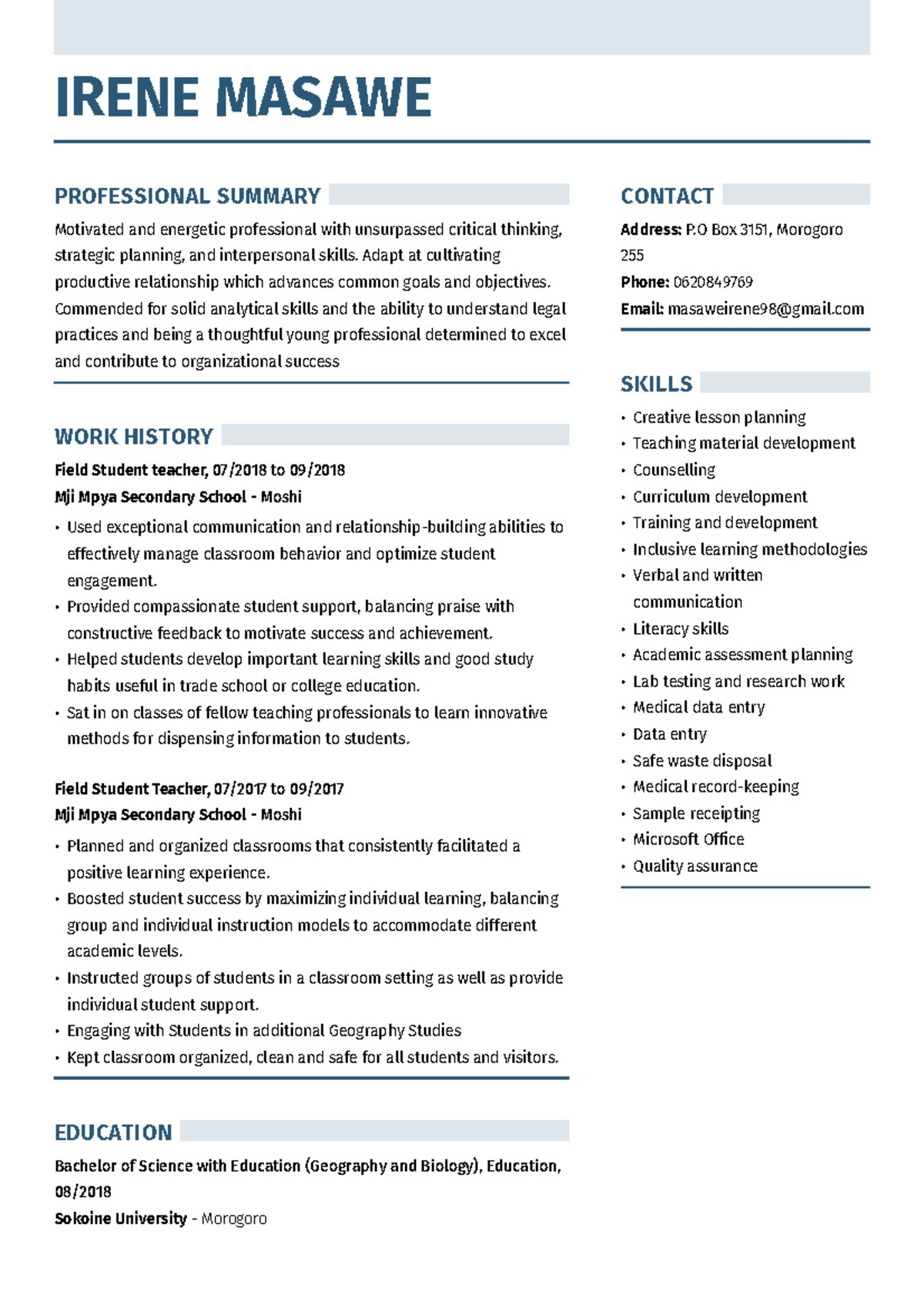 Professional Summary and Experience Overview - Personal CV - Studocu