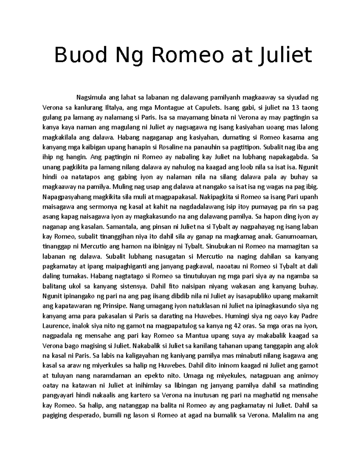 Buod ng Romeo at Juliet: Isang Pagsusuri sa Trahedya - Studocu