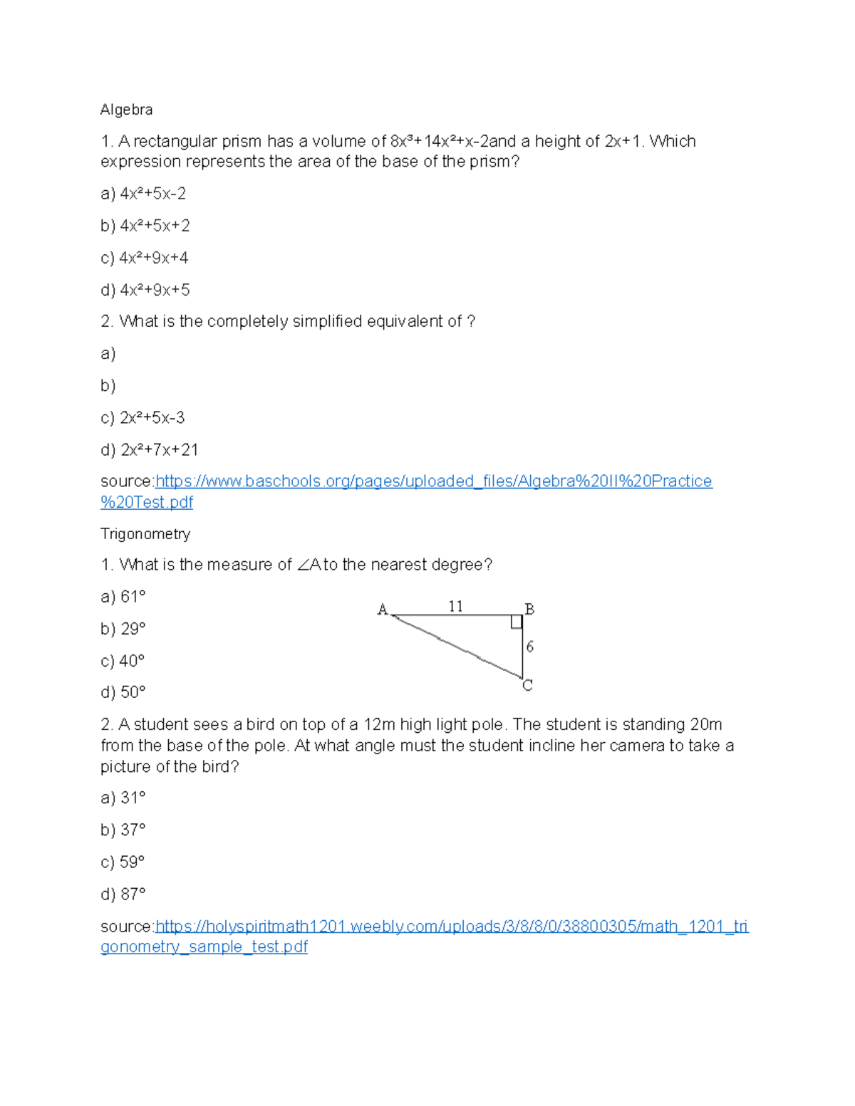 Sample questions - Math - Algebra A rectangular prism has a volume of ...