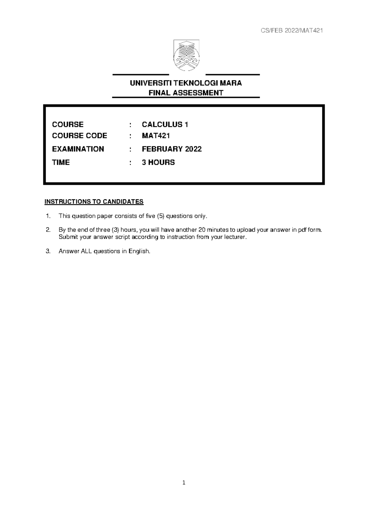 MAT421 FINAL ASSESSMENT - CALCULUS 1 FEB 2022 QUESTION PAPER - Studocu