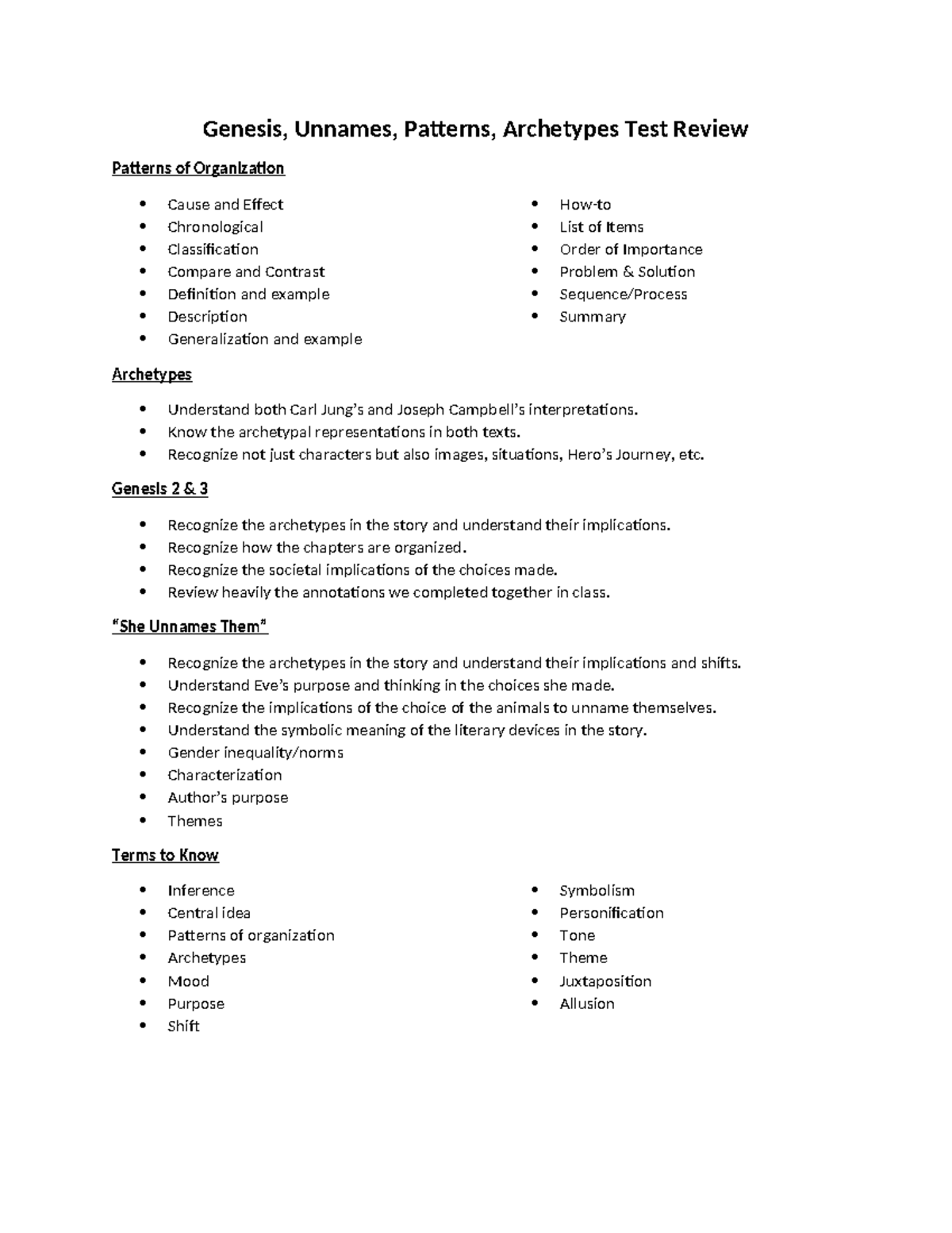 ENG101 Test Review: Archetypes & Patterns in Genesis and Unnames - Studocu