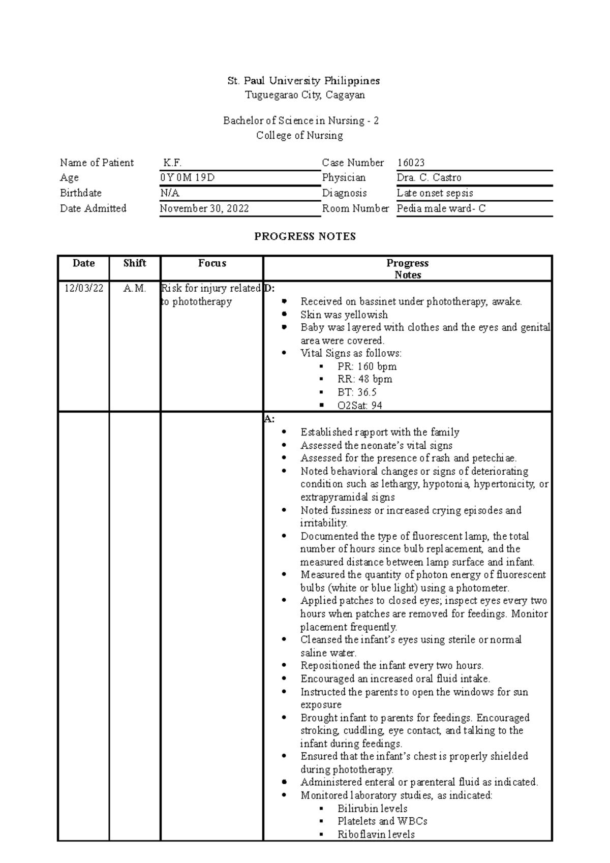 FDAR 1 - Case Progress Notes for Patient K.F. in Nursing - Studocu
