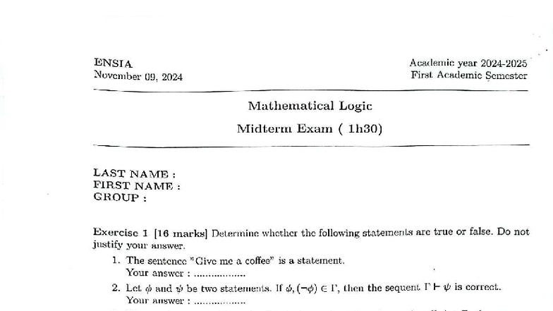 ENSIA CS Mathematical Logic Midterm Exam - November 2024 - Studocu