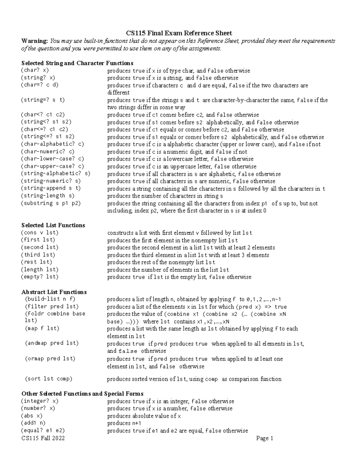 F22 CS115 Final Exam Reference Sheet and Function Guide - Studocu