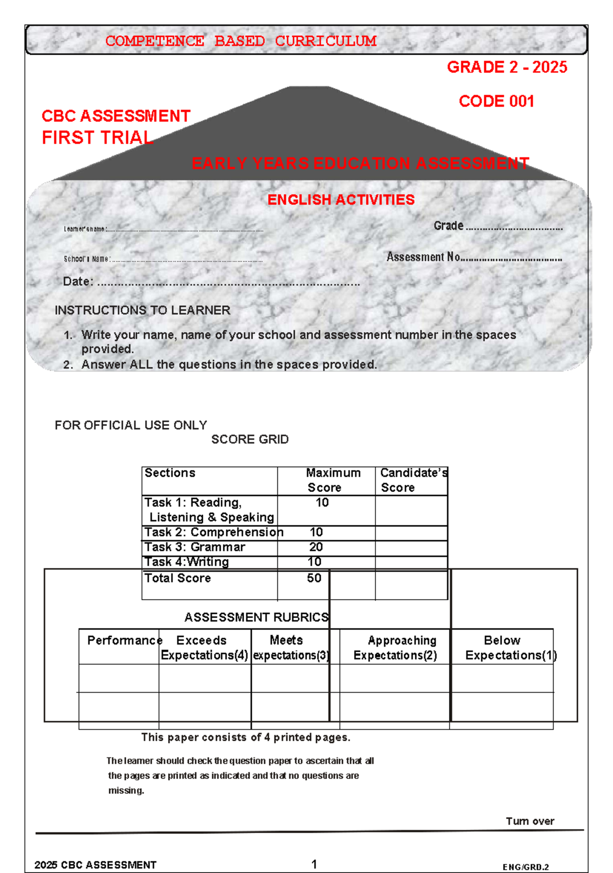 2025 CBC ASSESSMENT GRADE 2 ENGLISH ACTIVITIES FIRST TRIAL - Studocu