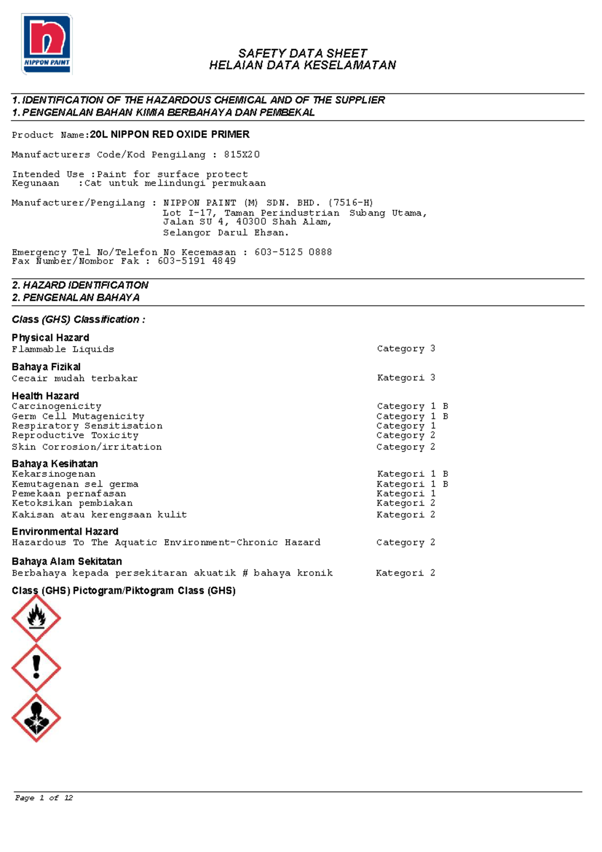 SAFETY DATA SHEET: 20L NIPPON RED OXIDE PRIMER (GHS Classification ...
