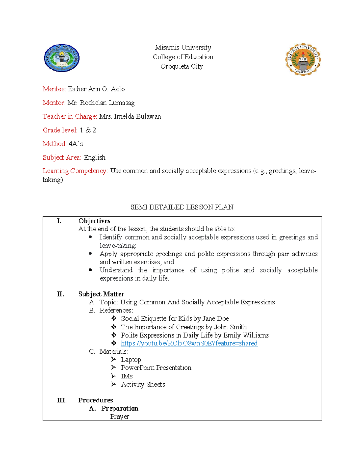 Final Lesson Plan in English (Grade 1 & 2) - Common Expressions - Studocu
