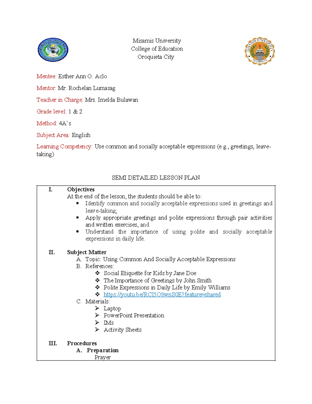 Final Lesson Plan: Action Words in English for Grades 1 & 2 - Studocu