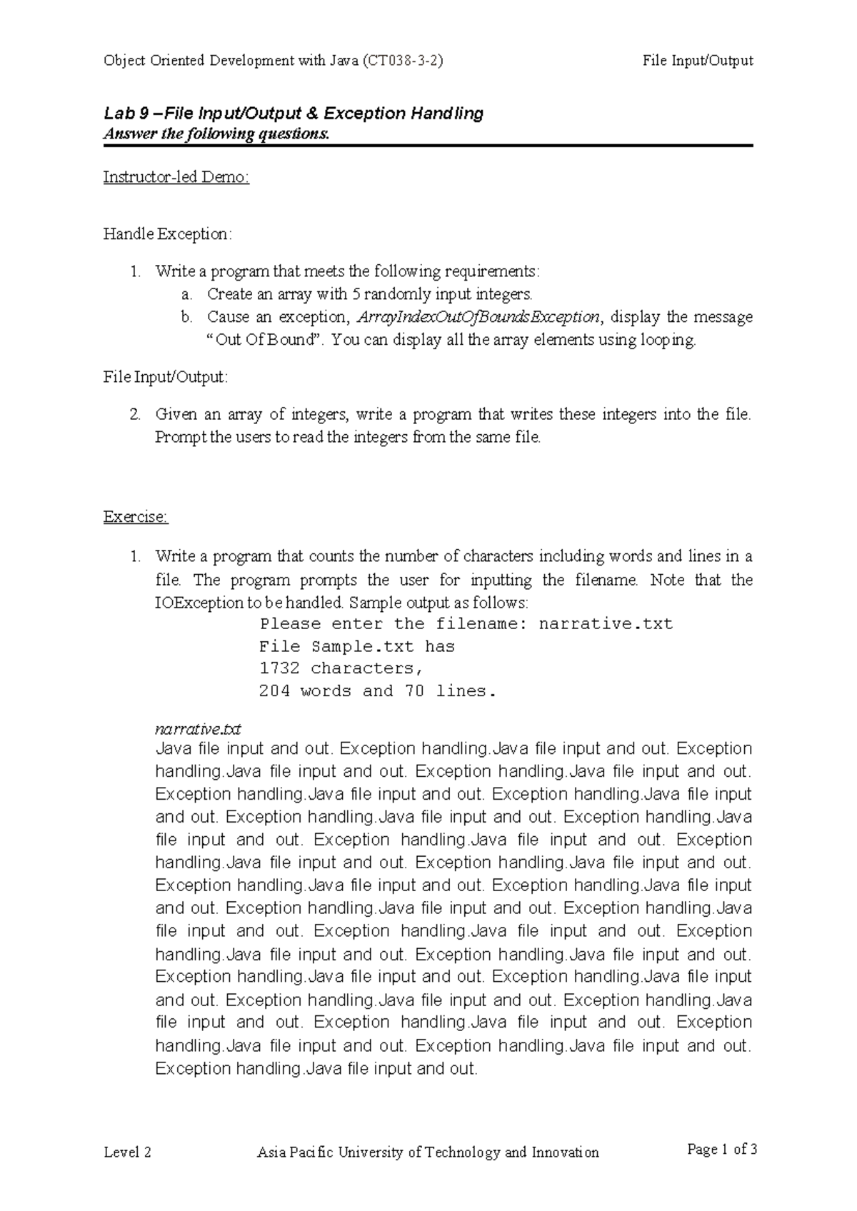 Object Oriented Development with Java: Lab 9 - Exception Handling - Studocu