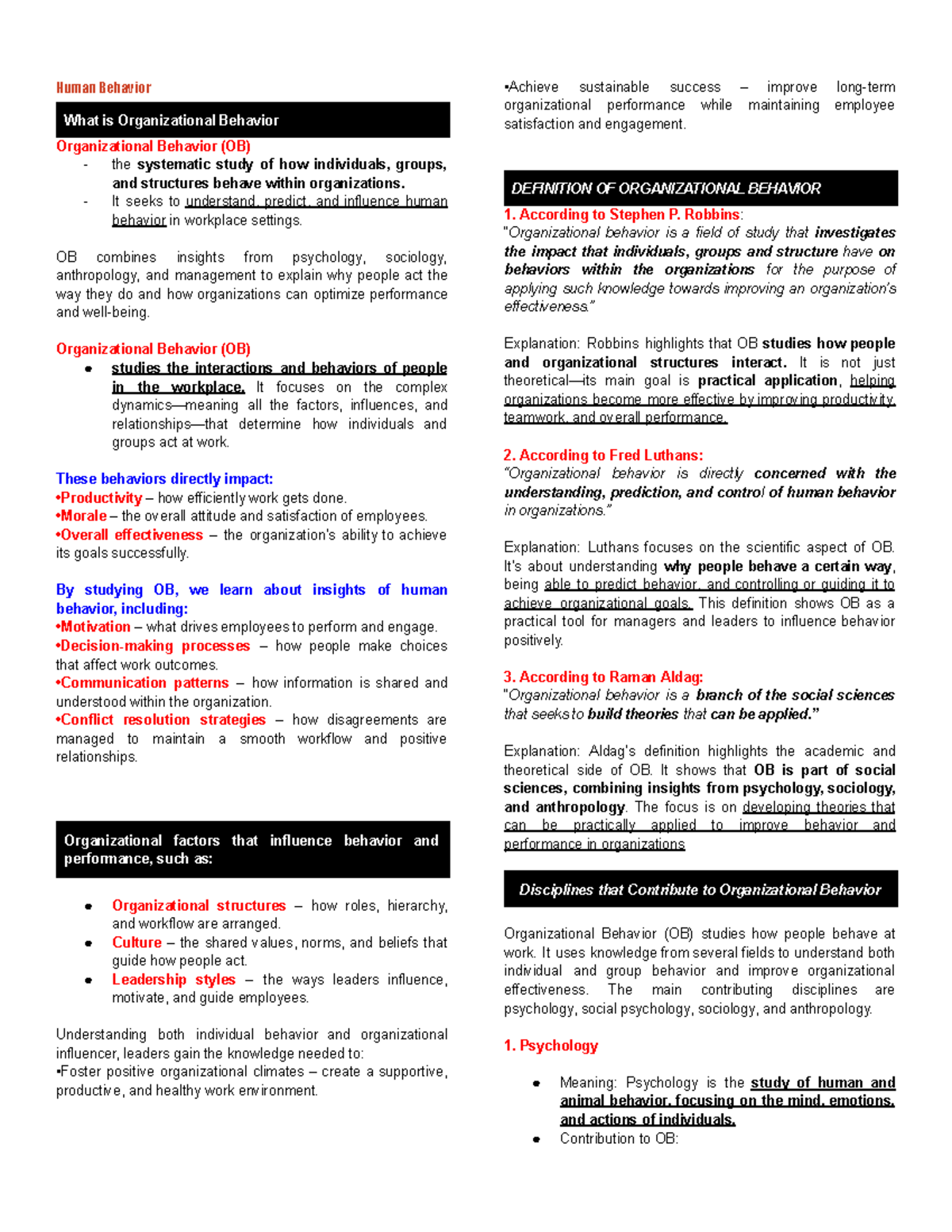 Organizational Behavior (OB) Study Notes: Understanding Human Behavior ...