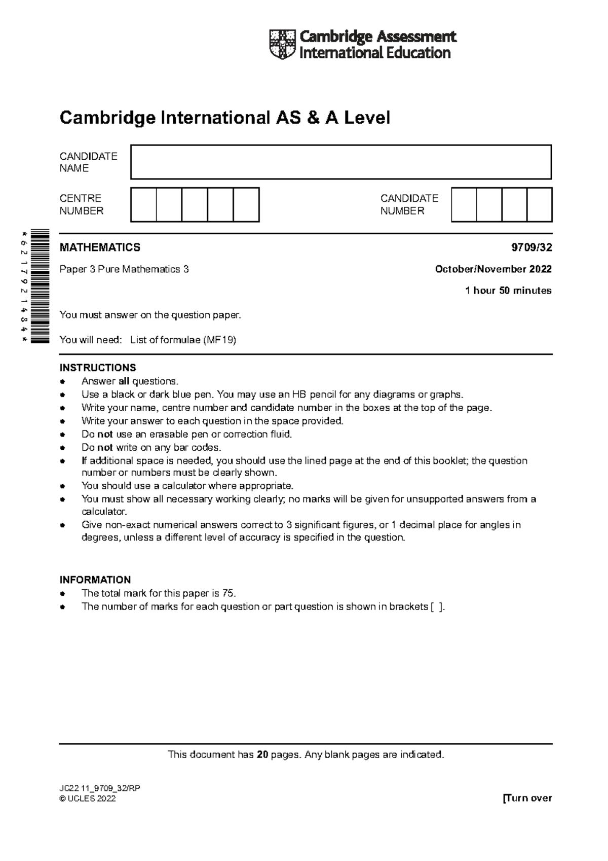 Cambridge International AS A Level Mathematics 9709 W22 Paper 3 QP 32 ...
