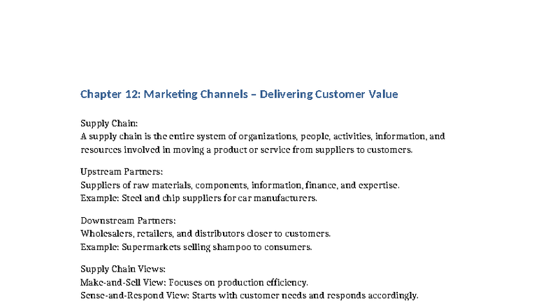 Chapter 12: Marketing Channels Notes - Delivering Customer Value - Studocu