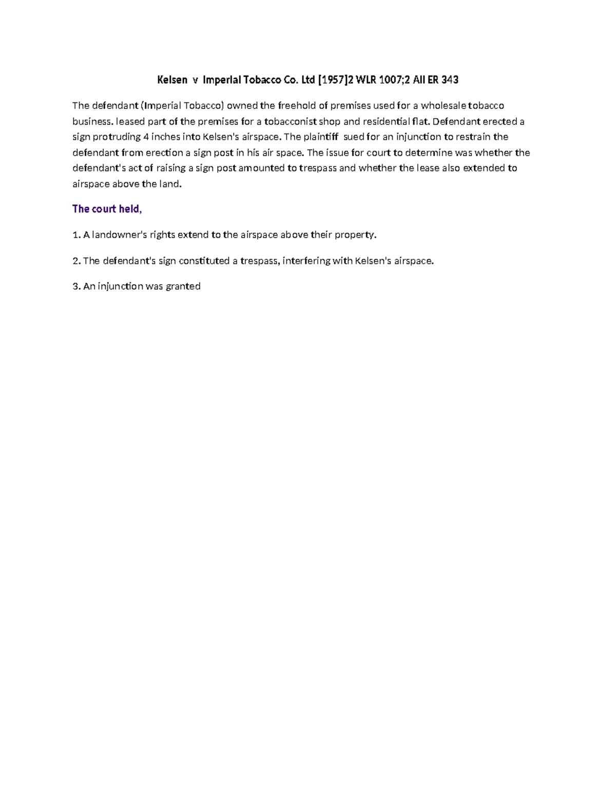 kelsen v imperial tobacco co 1957 Kelsen v Imperial Tobacco Co. Ltd: Trespass to Airspace Analysis