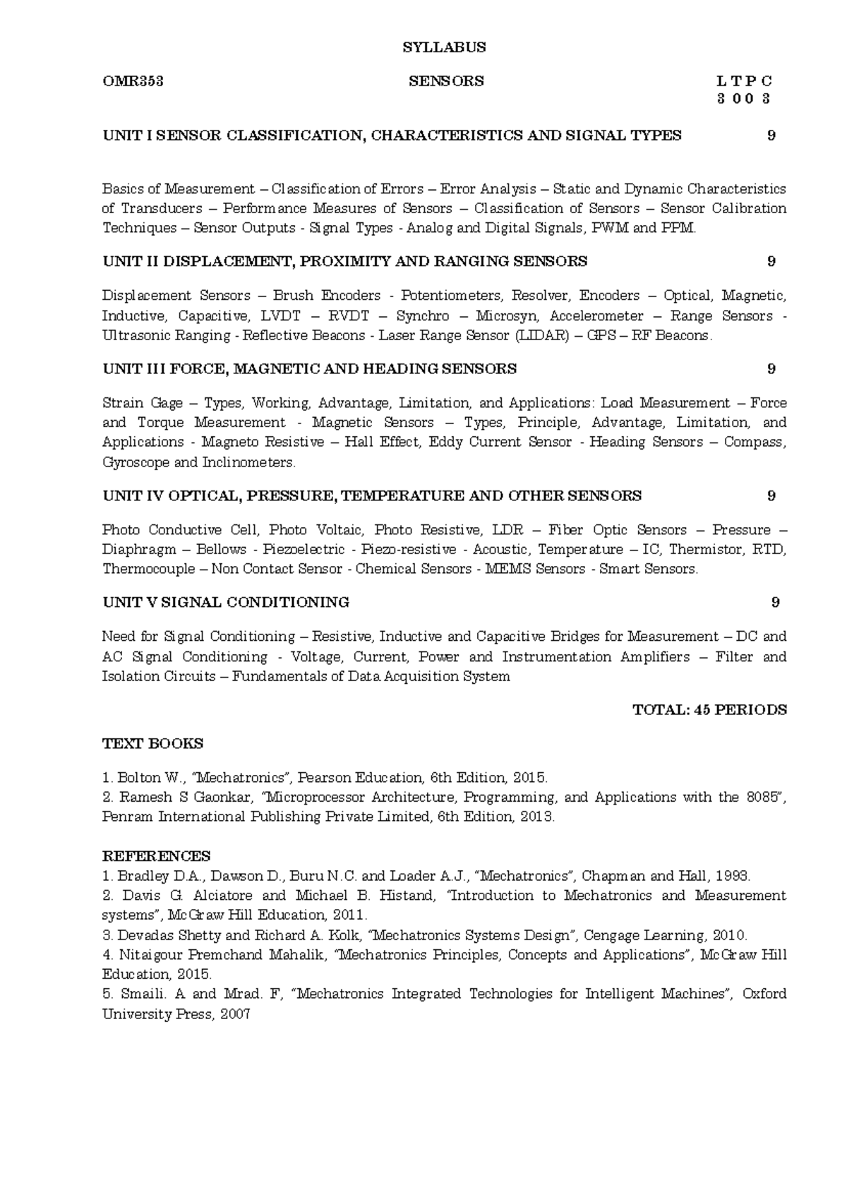 OMR353 Syllabus: Sensors and Signal Conditioning Overview - Studocu
