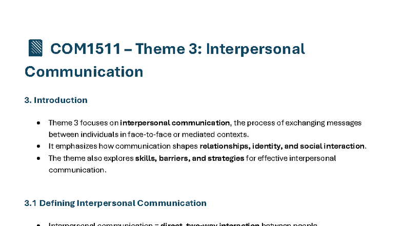 COM1511 Theme 3: Interpersonal Communication Notes Sheet - Studocu