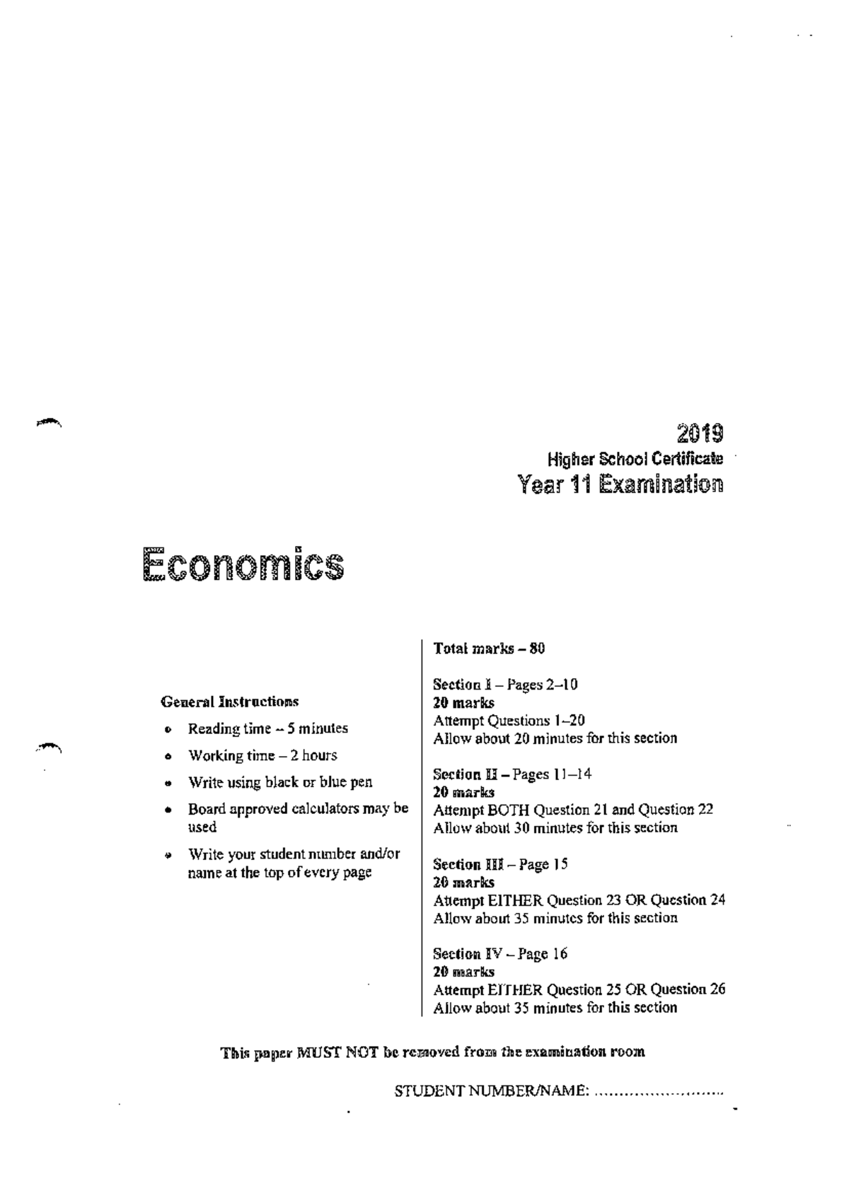 2019 HSC Year 11 Economics Exam Paper - Total Marks 80 - Studocu