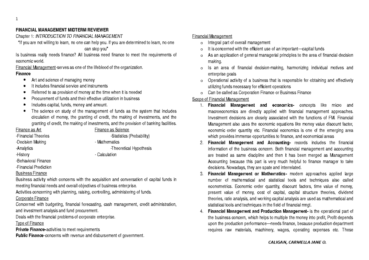 Financial Management Midterm Review: Key Concepts & Techniques - Studocu