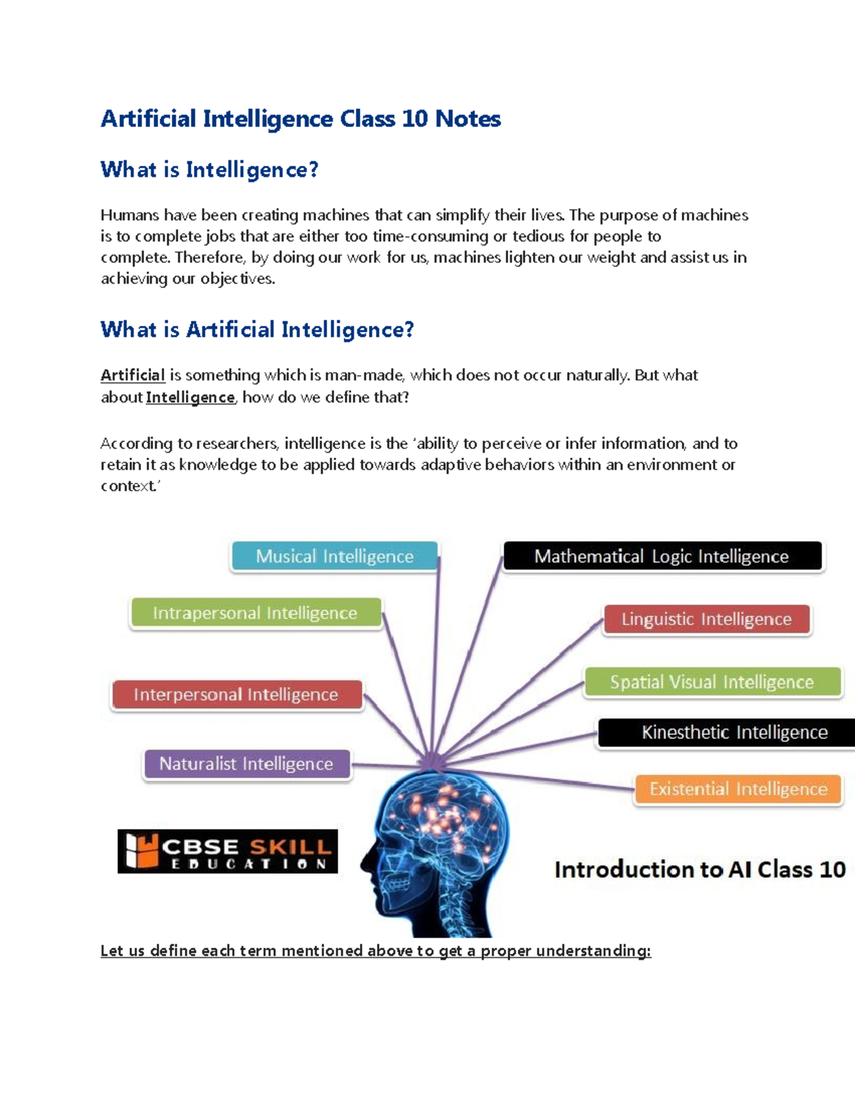 AI Class 10 Notes: Understanding Intelligence and Project Cycle - Studocu
