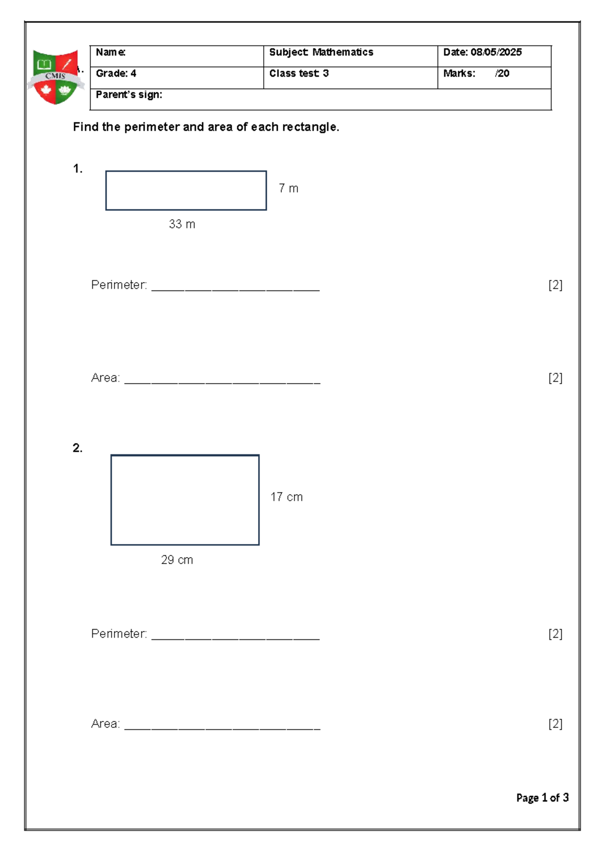 Grade 4 Mathematics T2 CT3 - A. Find the perimeter and area of each ...