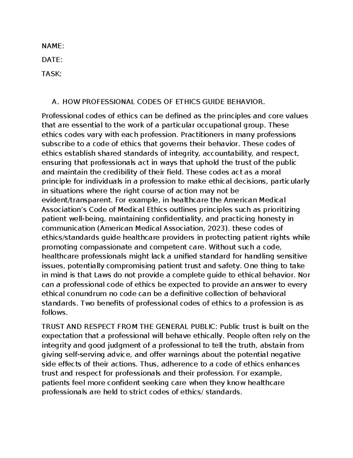 Task 2 Uncom: Professional Codes of Ethics in Healthcare - Studocu