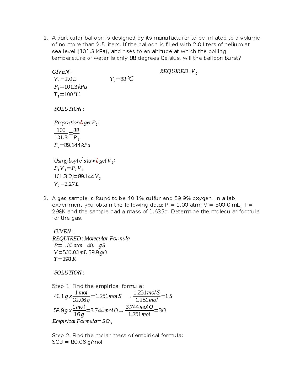 Pchem ACT - Practice Problems on Gas Laws and Thermodynamics - Studocu